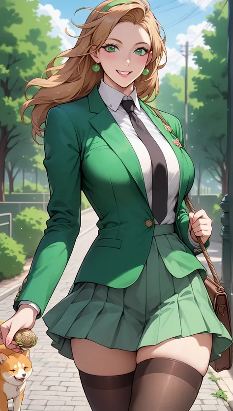 Shiba Miyuki, hourglass figure, big chest, thick thighs, anime-style schoolgirl, lo, fair smooth skin, gentle and confident smile, wearing a green school blazer with white accents, white collared dress with a black tie, black thigh-high stockings, standing...