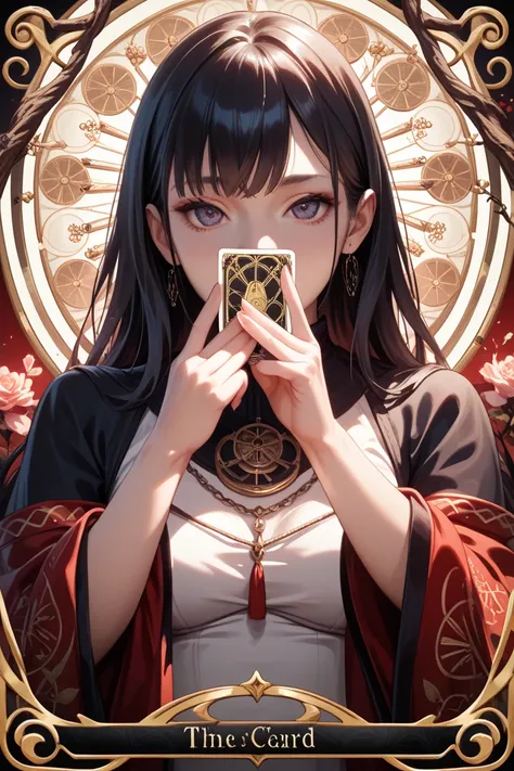 warm atmosphere,thin line,illustlation,japanese woman,back ground of the tarot card,cover mouth with a card,black long hair,straight across bang