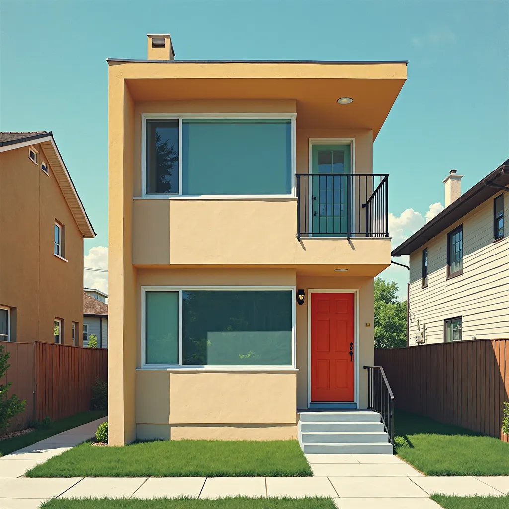 hirhiroshi nagai painting, retro futuristic. Detroit housing. Hamtramck. Front view, raised, duplex