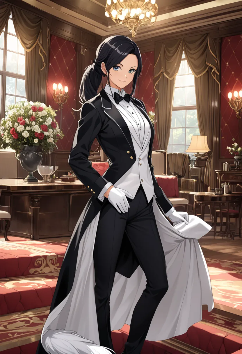 ,  is wearing her white gloves. Female butler, amazing, Tailored tail coat  