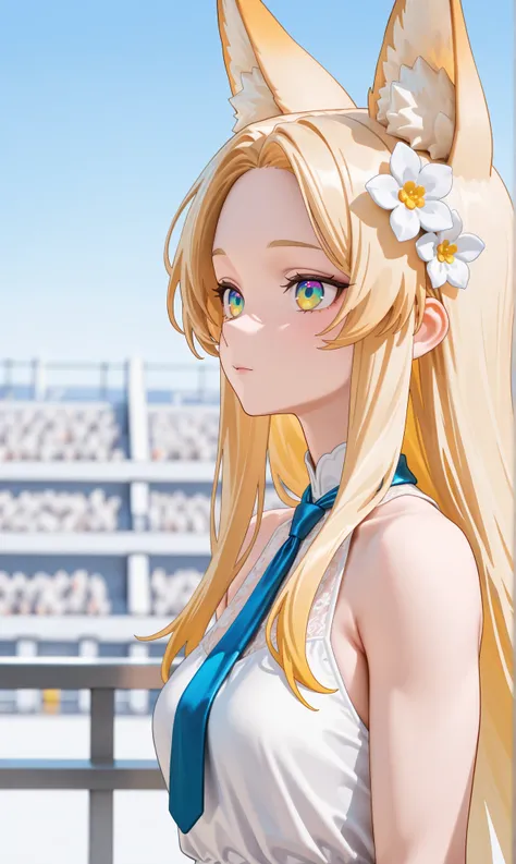  1girl , ( Blue File :1.1), 
until, 
 Animal Ears, alone,  Blonde Hair, faint,  long hair, Watching the audience, Fox Ear,  Animal Ears絨毛, dress, tie, white dress, Forehead , Shut up, hair accessories, yellow faint, Upper body, hair flower, yellow eyes, bl...