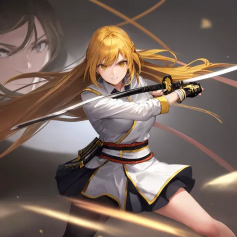 girl, yellow hair, Katana, warrior,  white blouse, gray short skirt , Battle Stance, A slightly close composition, fantasy, Teeth