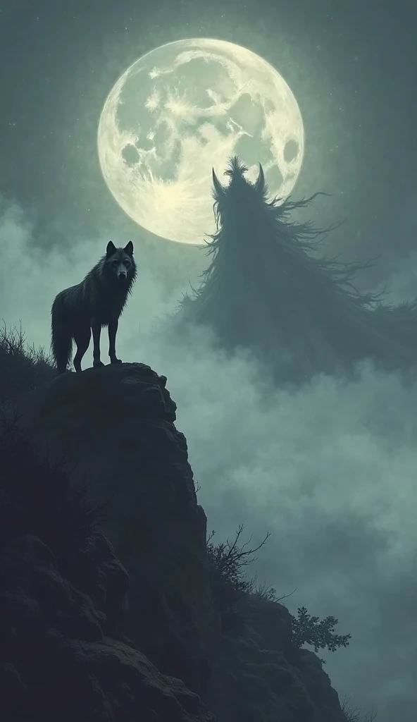 A lone wolf stands atop a rocky hill, silhouetted against a full moon. In the distance, a shadowy revenant takes shape from the swirling fog, an ancient force drawn to the presence of the living beast.