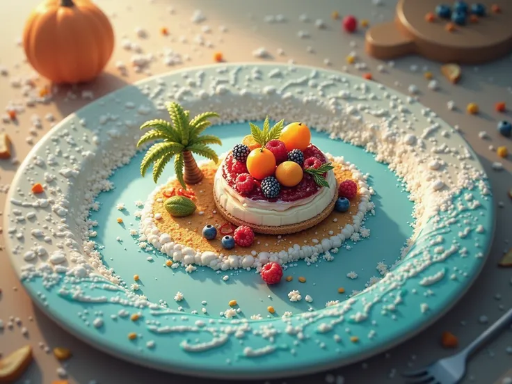 a cafe plate, inside of which is a miniature sunlit and slightly wavy sea, the edges of the plate form the coast of this sea, like an island in the middle is a rich dessert with fruit