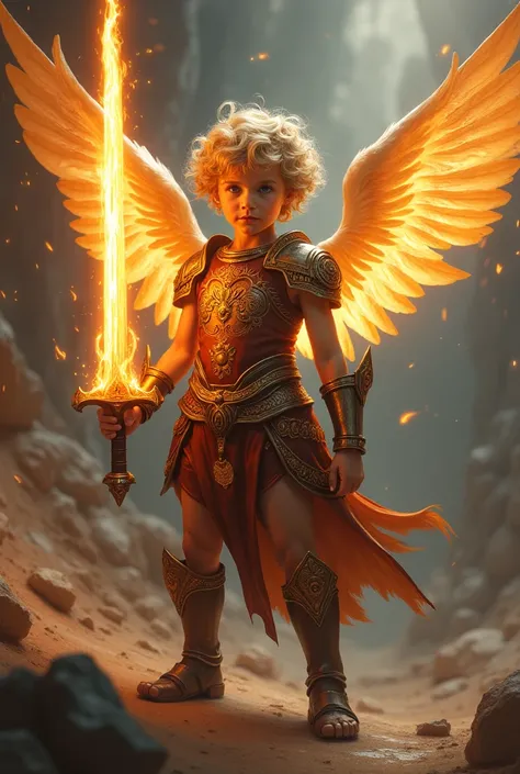 a full body art of an cherub angel warrior wearing a leather armor carring a flaming sword in hand