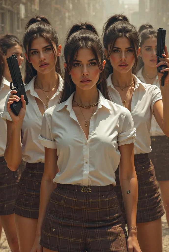 Criminal women, Female faction, hair tied in a ponytail, uniform white shirt, dark brown plaid short skirt, gold glitter emoji, Gun and money, Israel, feminine strength , empowerment,  feminine power 