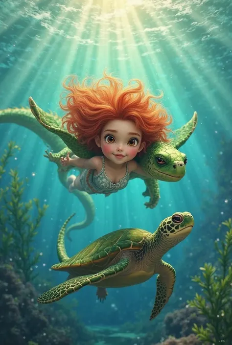 Young girl with long curly red hair with brown eyes and croc,His friend green dragon, Swim with a turtle in the sea