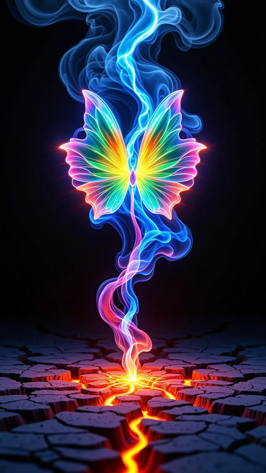 Rainbow-colored lightning is being fired from a rainbow-colored butterfly with glass wings. blue and red rays intertwine in the air, illuminates the surroundings with a vivid and exciting flash,  the ground is cracked and burnt and looks like hell, Lava fl...