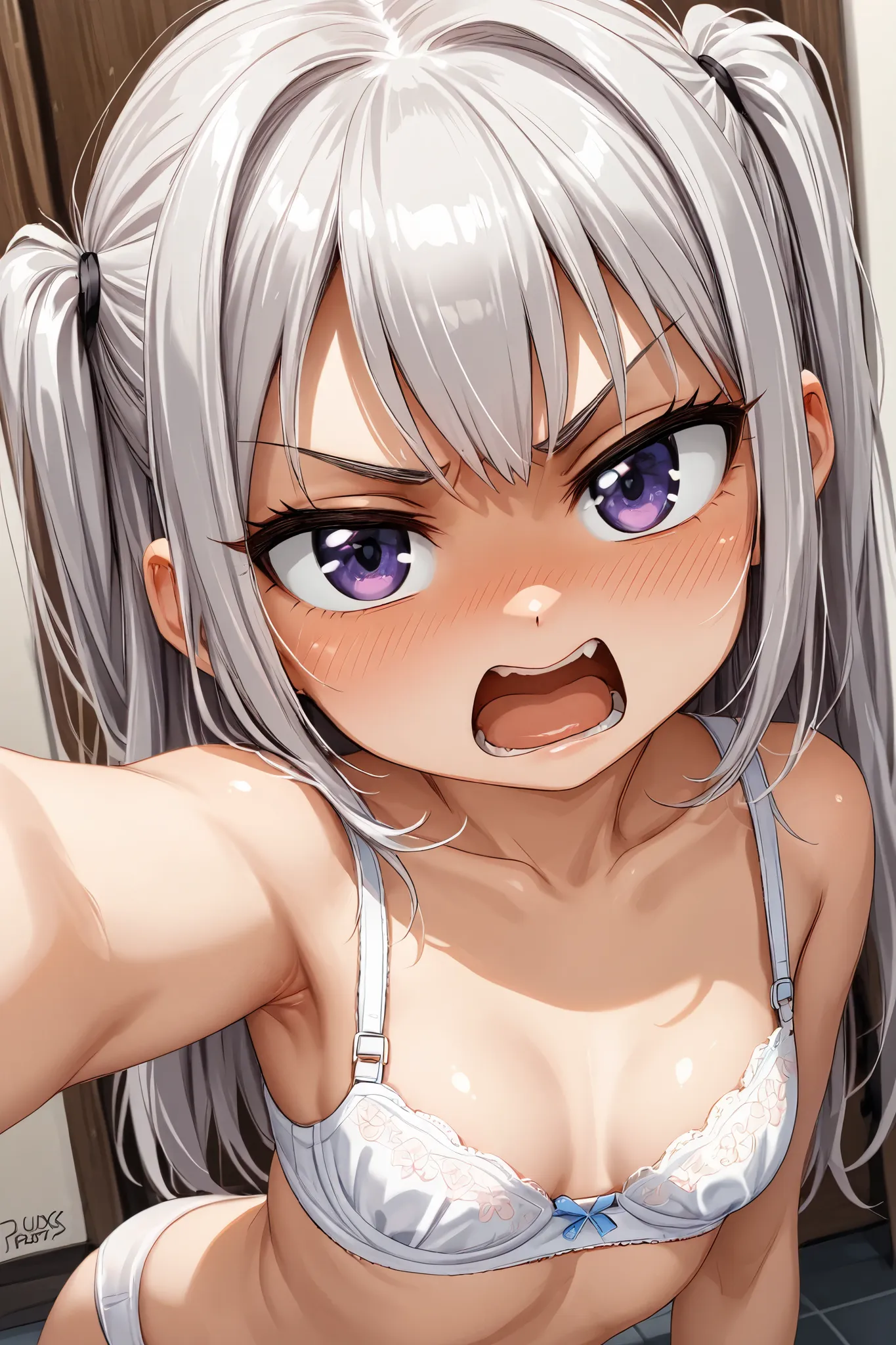 Best Quality, Hi-Res,cute girl　slightly angry　　student　 small tits　Simple white underwear　bra　High quality underwear 　selfie　　　　