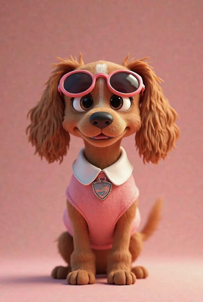 Image 3D style Pixar chien cocker anglais brun roux et blanc veste sans manche rose foncé avec le col blanc et des lunettes aviation rose foncé sur la tête comme un bandeau Stella pat patrouille dodo yeux fermés 