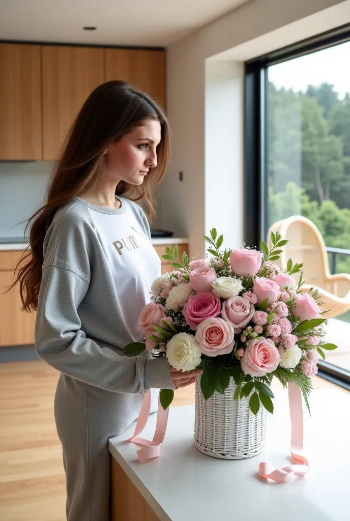 A stunning girl with long flowing hair stands in a modern minimalist kitchen, tenderly looking at a magnificent flower arrangement. She is wearing a light gray tracksuit, a white T-shirt with the inscription PUMA, on top of the T-shirt is a sports sweatshi...