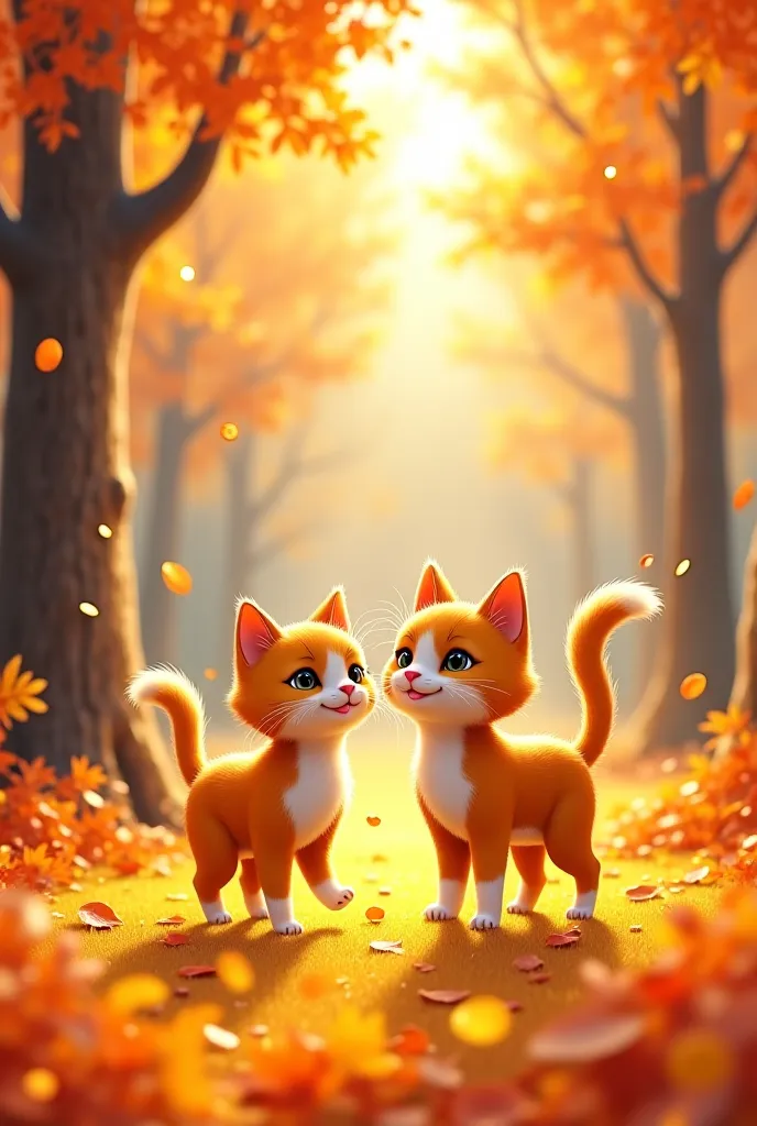 Through the Seasons – Autumn – The duo playing among fallen golden leaves, Whiskers pouncing while Bruno joyfully kicks up leaves.
