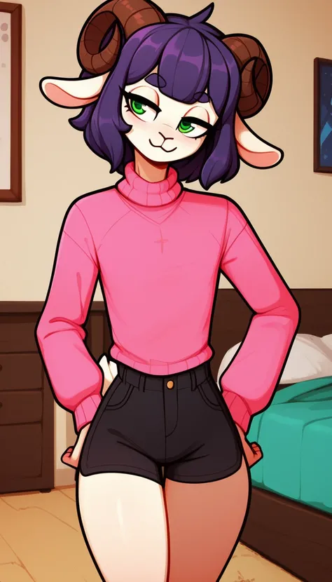  anthro, short hairy horns , шерстьry, lamb tail  ,   Anthropomorphic ram  ,  Light skin  , sheep horns, purple hair,  Light skin , long , green eyes , long волосы,  black rubashka,, flat chest thick hips, (Bedroom),  pink sweater,  black shorts ,  half-cl...