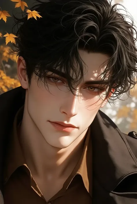 Boy, black hair, brown eyes, serious sharp features, light white skin, shiny light pink lips, handsome, perfect, elegant looking, wearing a brown shirt, jacket and jeans, high quality resolution, clear colors, autumn weather.