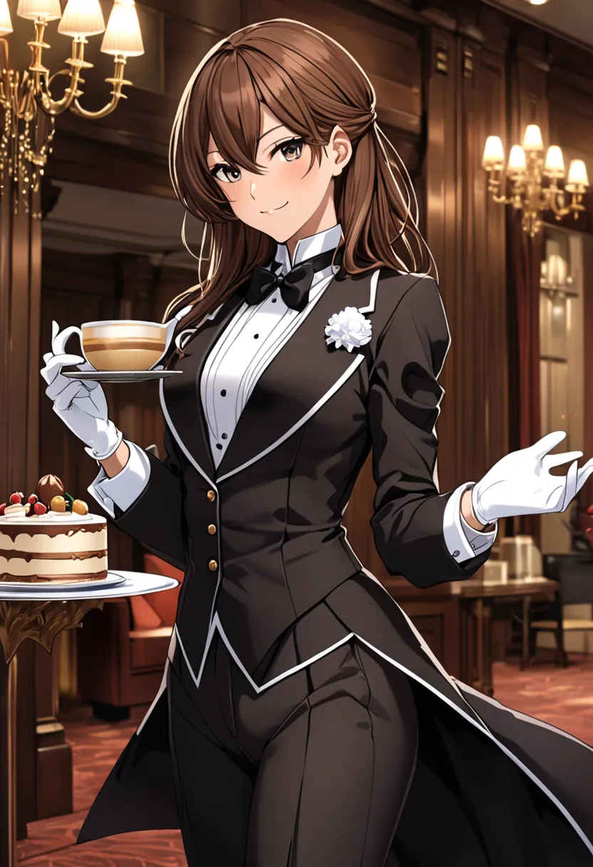 ,  is wearing her white gloves. Female butler, amazing, Tailored tail coat brown hair