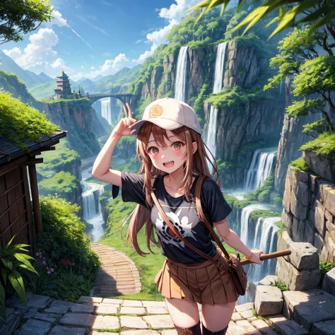 pink brown brown gold hair、 eye、  Has hair tied  、Two cute people、 check miniskirt、  black t-shirt、 Light clothing、 tank top outside of anime、 camisole、high socks、 Boots、 teeth inside、  The Road Is Crooked 、Mountain々、Stick together  、 bamboo forest、 chest ...