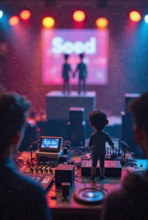 A team of tiny sound and lighting engineers in Tiny Figurines style adjusting colorful lights, testing speakers, a large screen in the background displaying the couple’s names, showcasing a modern and detail-oriented wedding setup.”