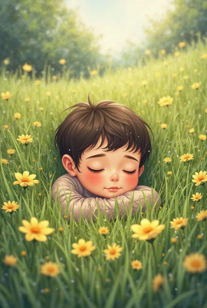 Boy lying on green lawn with yellow flowers hand drawn photo