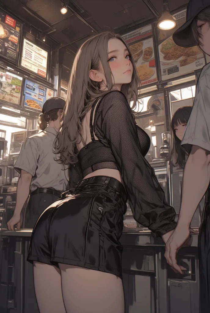  A young woman of light complexion is seen from behind at a fast-food restaurant counter.  She is positioned slightly to the right of center, leaning over the counter.  She is wearing a short, black, tight skirt that is very low-rise, revealing her buttock...