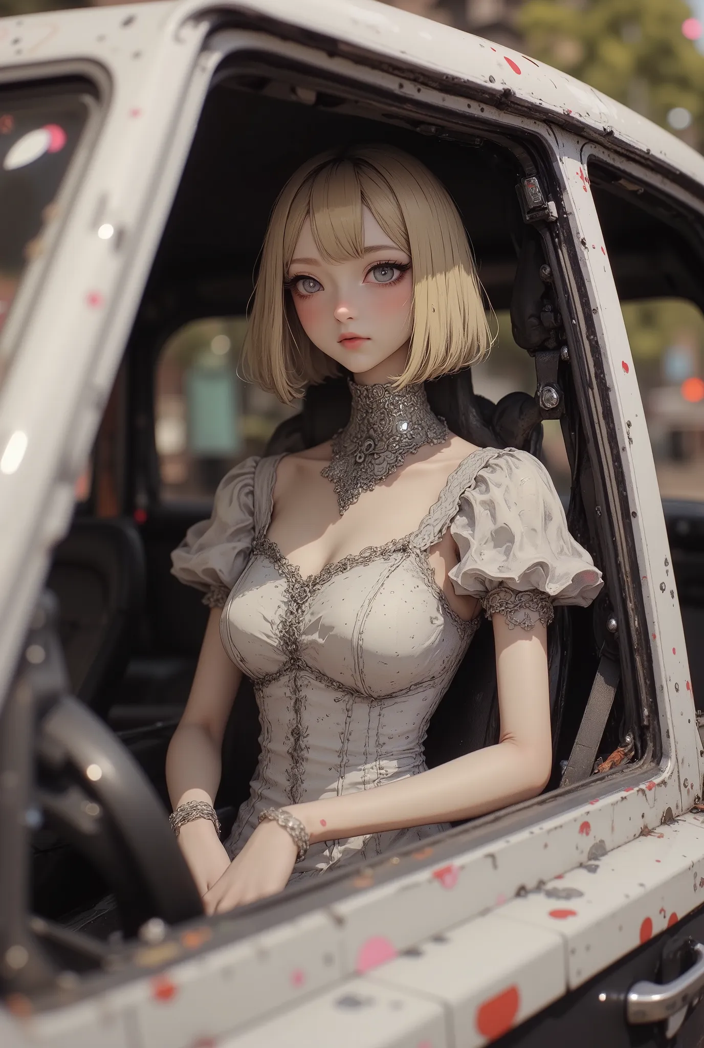 quality, High Definition model, high detail, (((The textures are soft))), ((matte and toy-like with a handmade premium look)), (((Tim Burton style))), ((She is sitting in the passenger seat of a runningcar. She has a pleasant expression on her face, She lo...