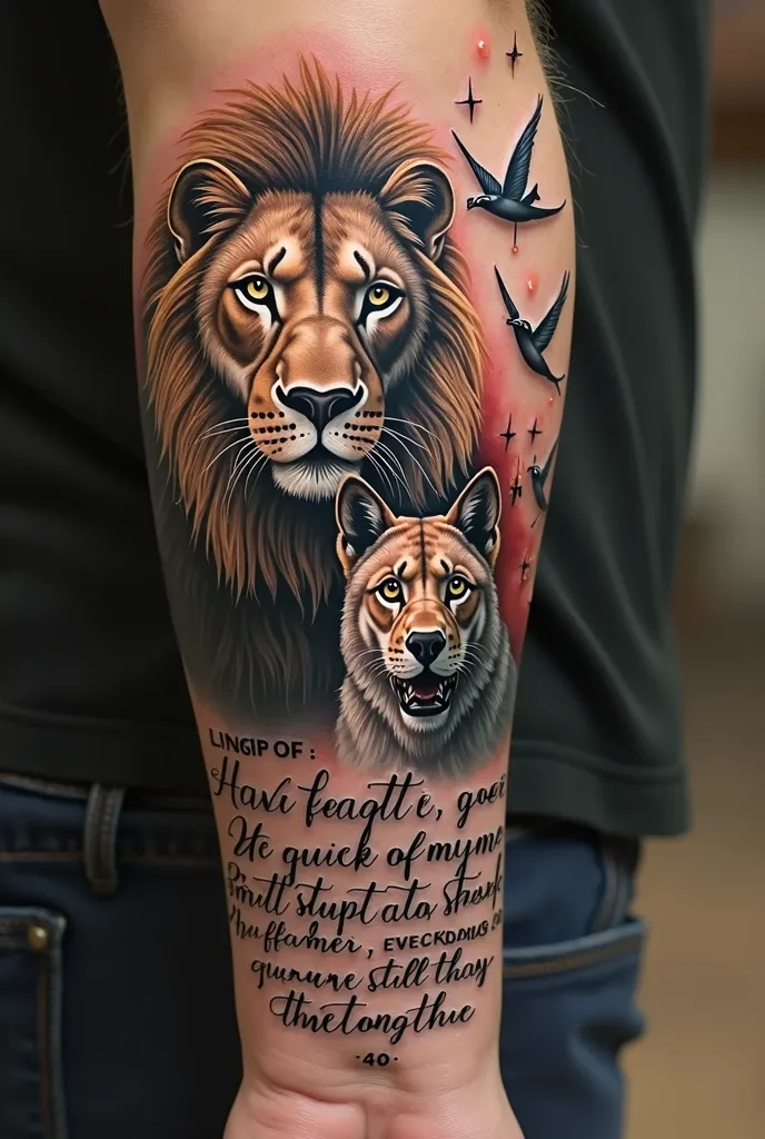 A sleeve tattooed on the arm that wears a lion, a wolf and the verse Isaiah 40:10 
