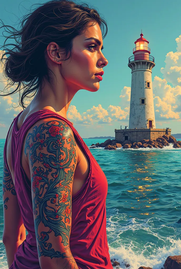 Anti arm tattoo/shoulder, Colored Anchor Pedras Lighthouse