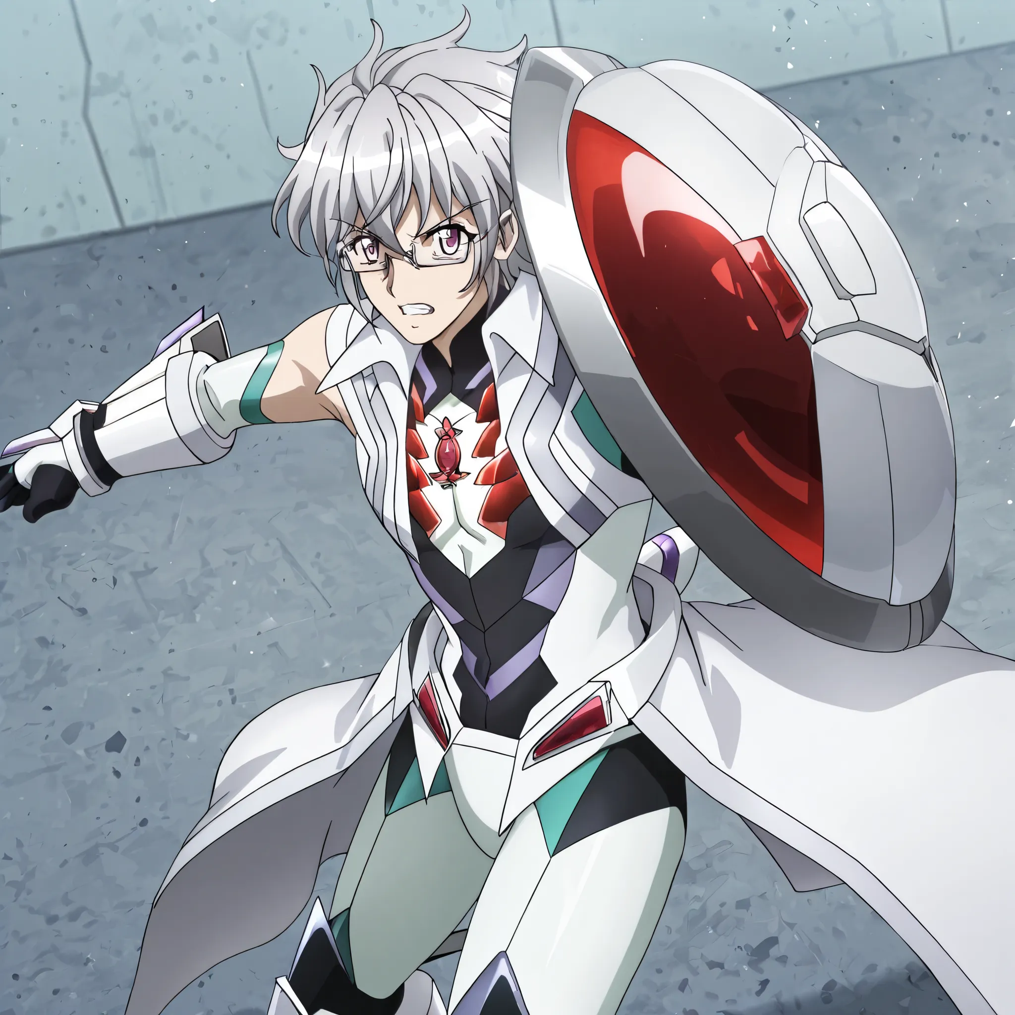 gray haired adult male,Glasses, white coat,powered suit,Red gem on chest,white buckler,Symphogear Style