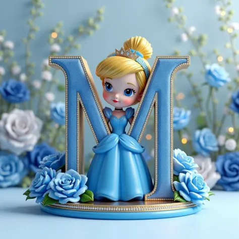 3D rendering of a realistic miniature Disney Cinderella wearing a beautiful blue crown resting on a large shiny blue gold letter "M". The letter "M" is decorated with small sparkling gemstones and stands on a circular base with the luxurious . Bright blue ...