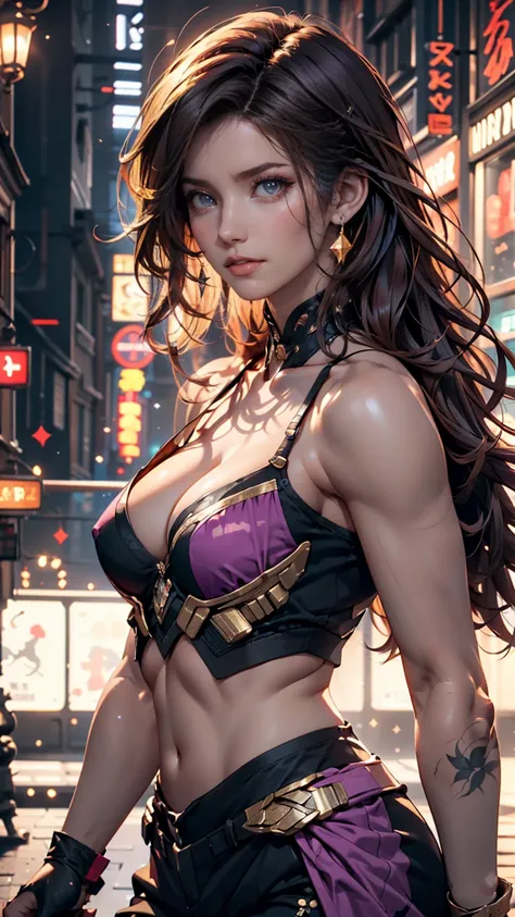 Pretty girl with brown skin , sexy body,  wavy purple hair with a black tint [ dark shade ], with golden eyes ( twinkle in both armpits),  Ultra Realistic Eyes ,  neon lights and pistols  ,  jumping , Sniper Equipment,  Valoran Triot game, round face, has ...