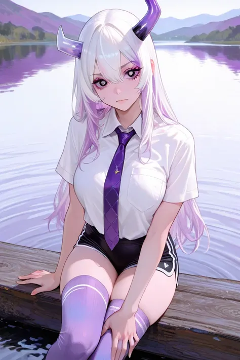 masterpiece,1 woman,Beautiful fingers, short white hair ,black eye and purple diamond eye upil,, purple color horn, high quality, masterpiece, Super Detail, 1 日 girls, highly detailed face,micro rolls，White short sleeves without shoulders，black sports shor...