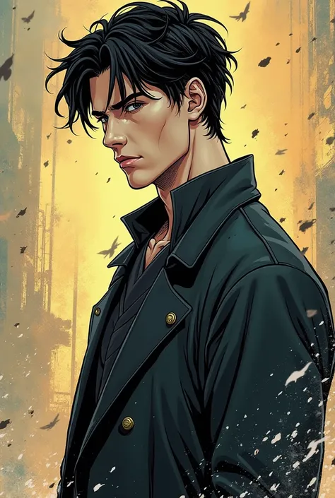 Male Black Hair Curtain Hairstyle and Black Eyes,Age 22,Serious Theme,[Stand Up Straight],Comic Art Style 