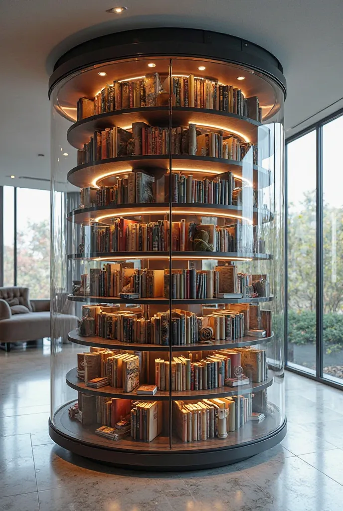 Revolving bookshelf with glass shutters