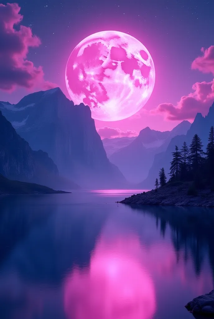 
"A breathtaking, surreal landscape under a glowing full moon, where the mountains and lake are bathed in shades of pink and purple. The reflection of the towering peaks and vibrant sky in the calm water creates a dreamlike, serene atmosphere, perfect for ...