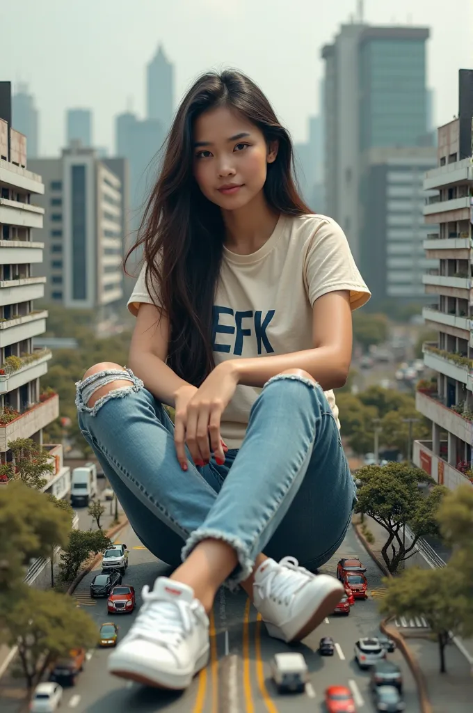 giant Indonesian girl with long hair, wearing a t-shirt with EFK written on it, ripped jeans, sneakers, sitting gracefully, in a mini-sized city, mini-sized office buildings, mini-sized vehicles, mini-sized flyovers, photo manipulation, very realistic