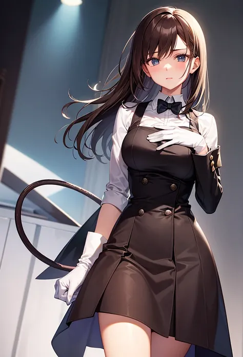 ,  is wearing her white gloves. Female butler, amazing, Tailored tail coat brown hair