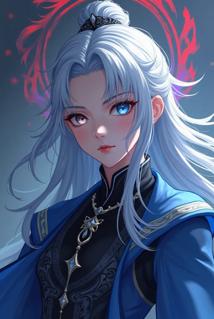 Full body image, handsome  protagonist Xianxia , ,long silver hair ,handsome face,dual colour eyes,double pupil color(golden amber menacing right eyes((make amber color is  shining more)),blue sky calm left eyes((blue color like sea))) calm face aura,no sm...