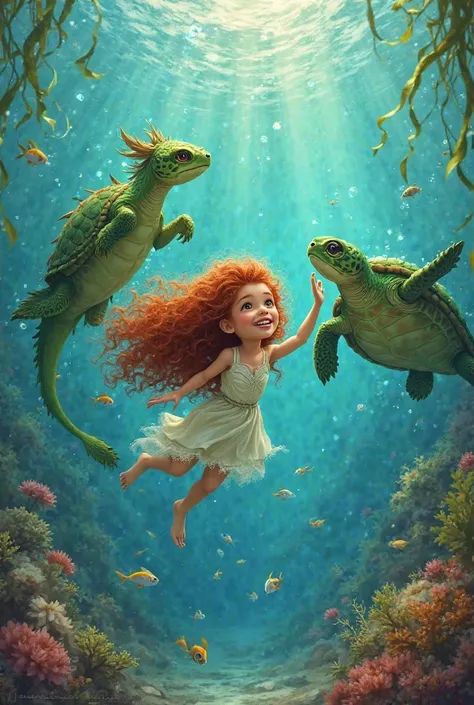 girl with long curly red hair with brown eyes and Fang,His friend green dragon, Swim with a turtle in the sea