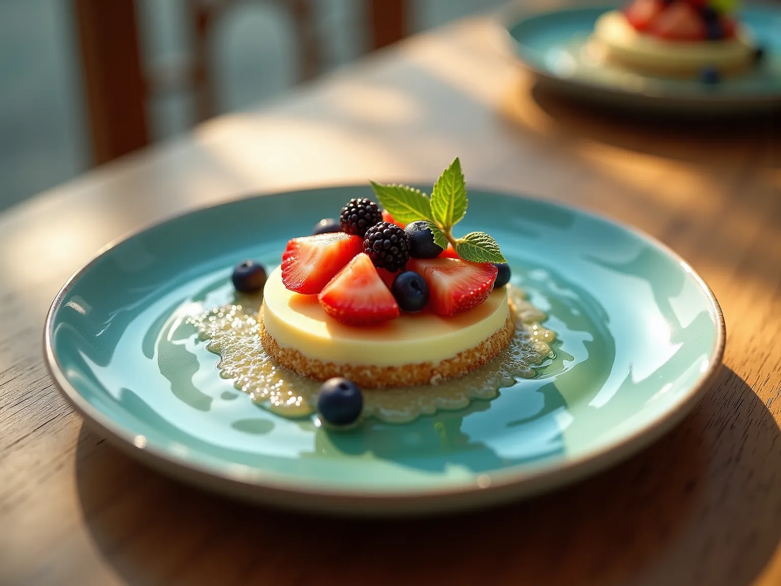 a cafe plate, inside of which is a miniature ultrarealistic live sunlit and slightly wavy (water) sea, the edges of the plate form the coast of this sea, like an island in the middle is a rich dessert with fruit, 4k, cinematic lightihng