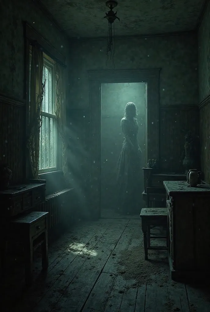 A dark, eerie room with old wooden furniture covered in dust. A faint whisper seems to come from nowhere, sending chills down the spine.