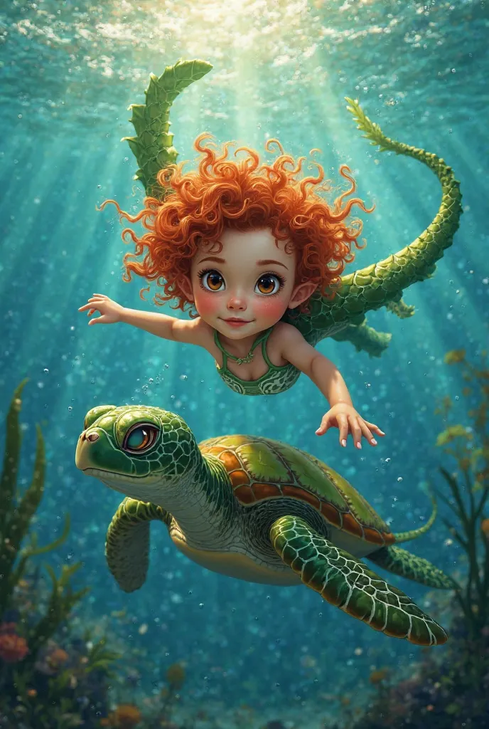 Young girl with long curly red hair with brown eyes and croc,His friend green dragon, Swim with a turtle in the sea