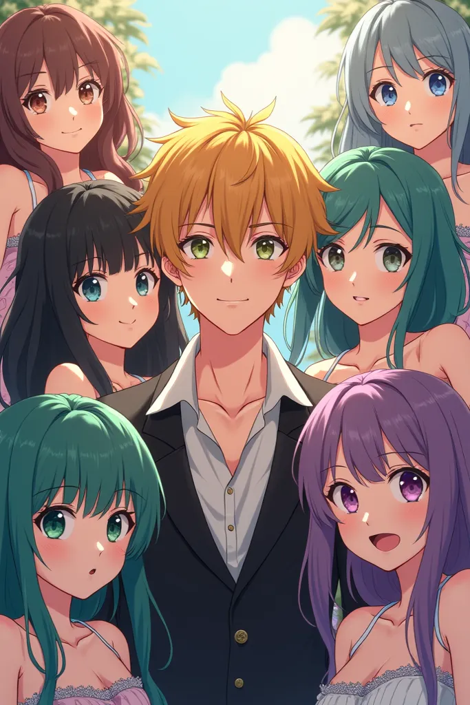 Make me an 19 year old handsome anime boy wearing a t-shirt,6 anime girls,cute and tsundere style,sexy,yellow hair,black hair,green hair,cyan hair,purple hair,silver hair,with varieties of cloy