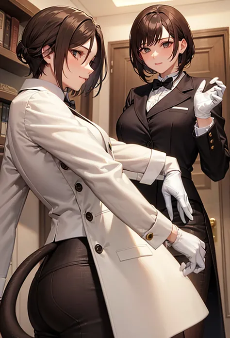 ,  is wearing her white gloves. Female butler, amazing, Tailored tail coat brown hair