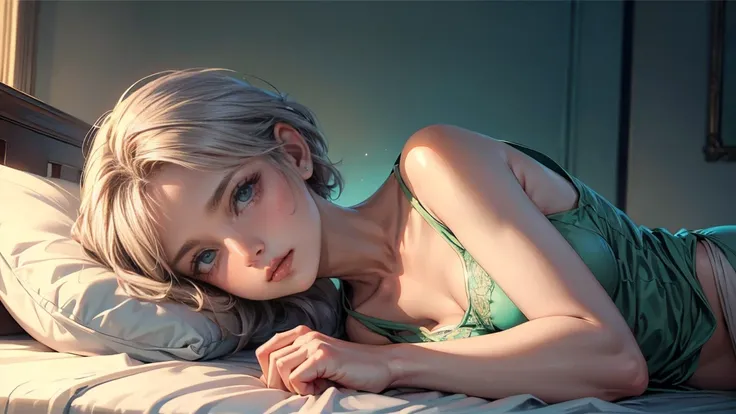 Masterpiece, ultra-high quality, anime style, intricate details, slim figure, stunning beauty, short hair in a soft lavender color, messy hairstyle, fair skin, captivating emerald green eyes, wearing a pastel yellow tank top, full lips, lying down on a bed...