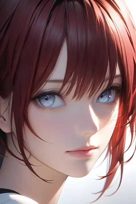 super realism, dark red hair, short hair, light blue eyes, half body photo shot.