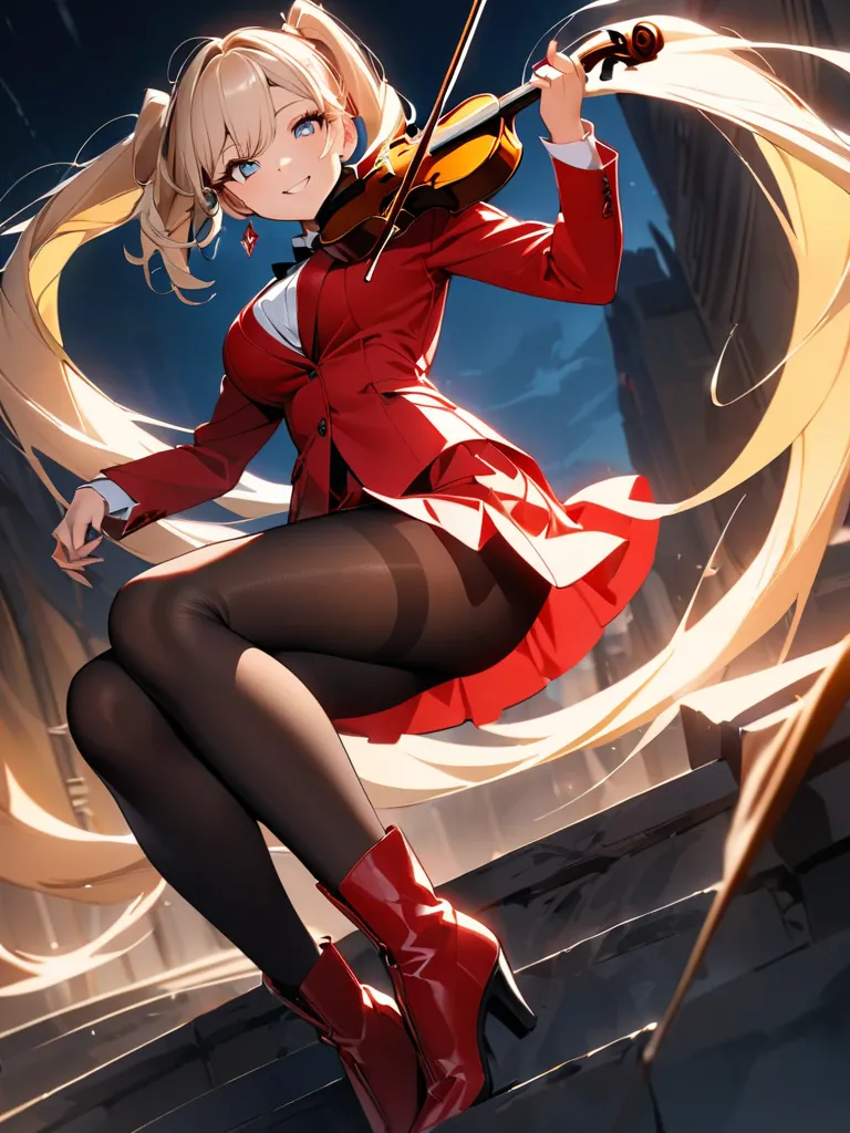 詳細にbeautiful violinを演奏する初音ミク風, vibrant,  Ultra High Resolution , high contrast, masterpiece:1.2, Best Quality, Aesthetics at its best, beautiful woman, Red clothes , a long time, detailed eyes and face, long eyelashes, Glamorous makeup,cinematic lighting, ...