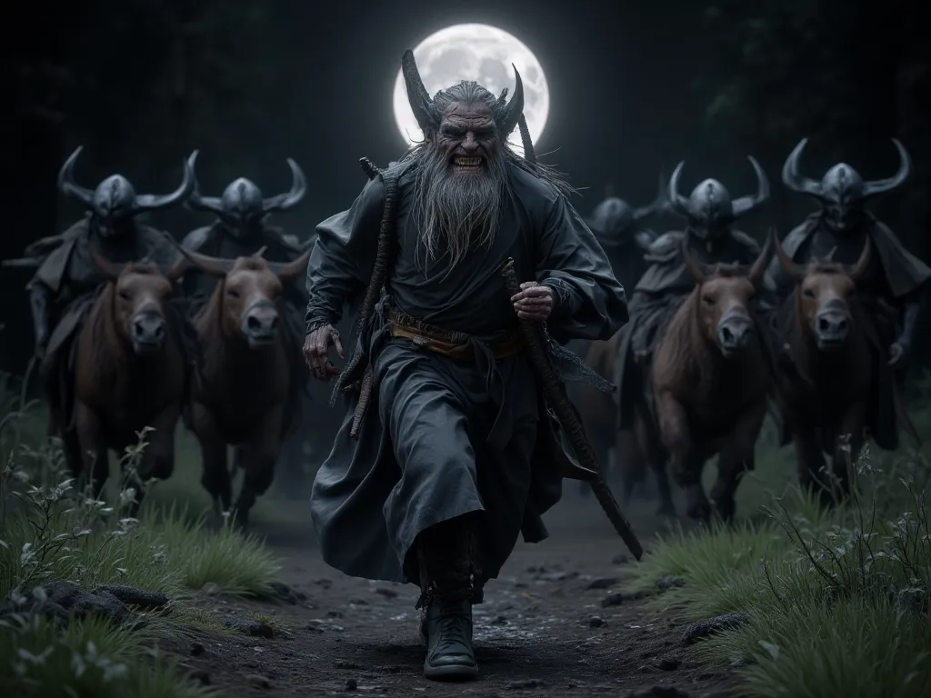 Evil Old Man,begging, Stealing, Smiling, is running away in the dark forest, Behind, a group of Mongolian warriors chased after., Beautiful Moonlight, black background, images, Masterpiece, movies, clear details, 8K resolution, front view.