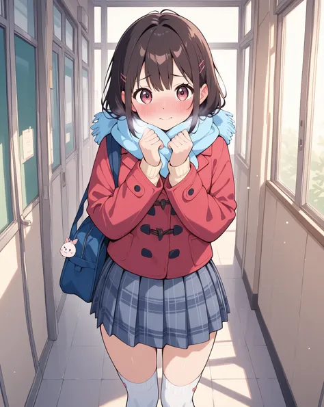 Grown up female high school student flipping through her skirt and seeing her underwear、anime style、is embarrassing、 standing、Blushing with a troubled face , Winter clothes、high socks