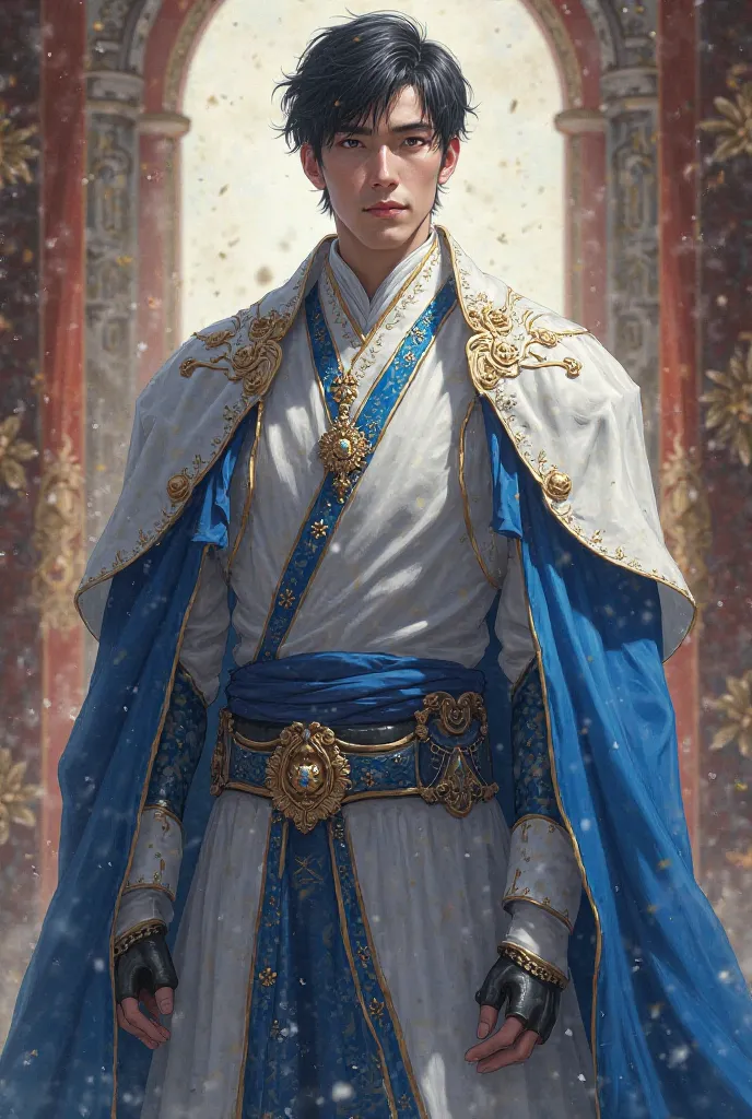 of a king, white skin, 1 meter and 70 ,  white and blue clothing ,  short black hair 