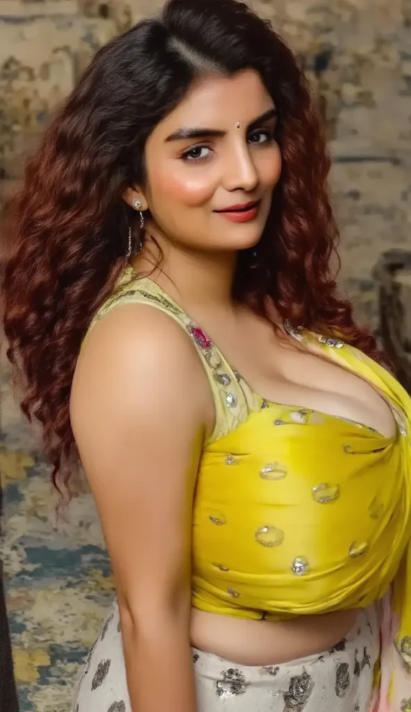 Fit,full  yallow bikini wear, Big lips, full body picture , curvy, wet Desi woman showing her big ass  in sexy THONG pattern sexy  lingerie and showing cleavage and in nose ring, many bangles in hands,earings, necklace ,lipstick ,navel,Indian, Chubby, show...