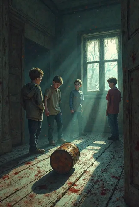 A rusty tin can mysteriously rolling across the wooden floor of the haunted house. The boys watch in horror as it moves by itself in the dimly lit room.